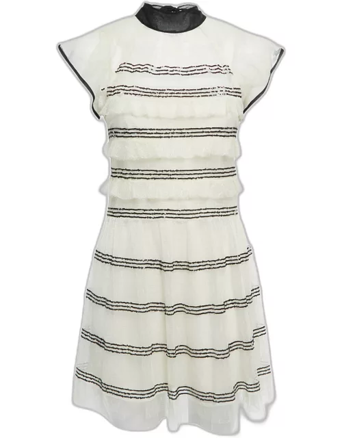 RED Valentino Ivory Tulle Contrast Sequined Neck Tie Detail Mini Dress