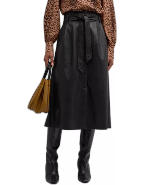 Teagan Belted Vegan Leather A-Line Midi Skirt