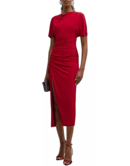 Ruched Jersey Midi Dress with High Slit
