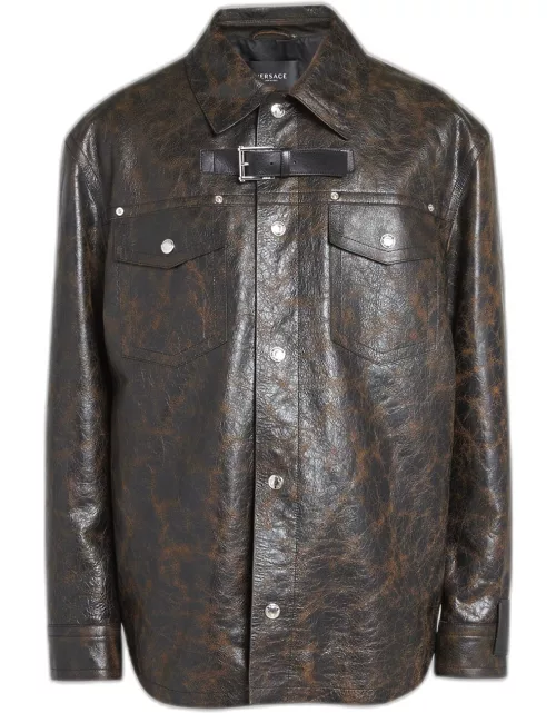 Men's Crackled Leather Caban Coat