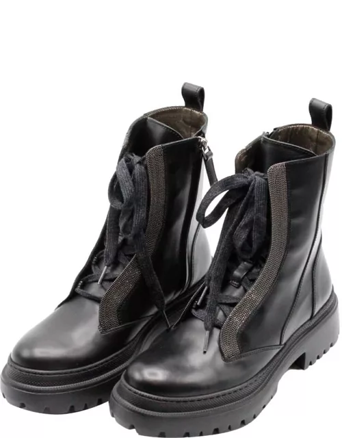Brunello Cucinelli Amphibious Ankle Boot In Leather With Side Zip And Jewels On The Side Band Of The Lace