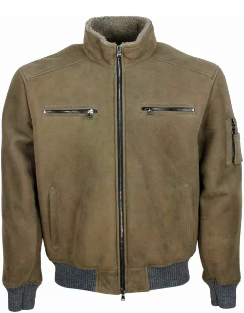 Barba Napoli Bomber Jacket In Fine And Soft Shearling Sheepskin With Stretch Knit Trims And Zip Closure. Front Pocket