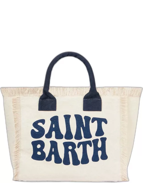 MC2 Saint Barth Vanity White Canvas Shoulder Bag With Groovy Blue Logo