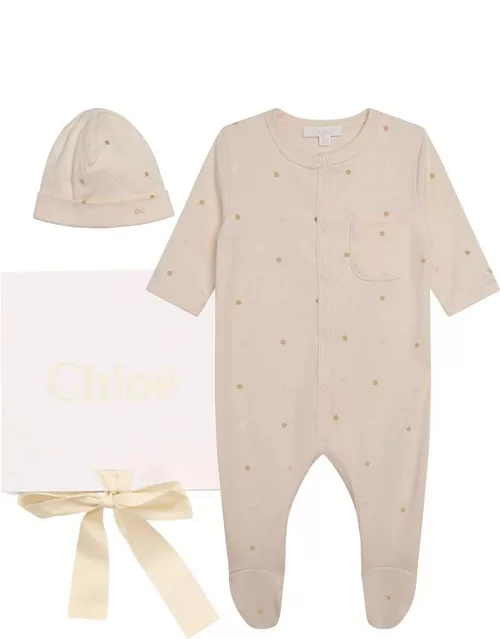 Chloé Pajamas With Beanie In Pink With Golden Flowers All-over