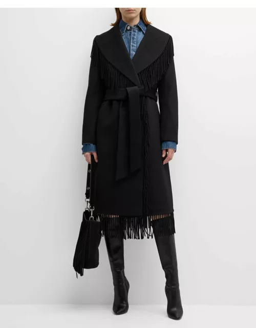 Shawl-Collar Fringe Wool Coat