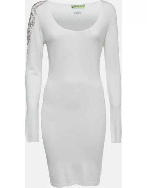 Versace Jeans White Knit Embellished Long Sleeve Bodycon Dress