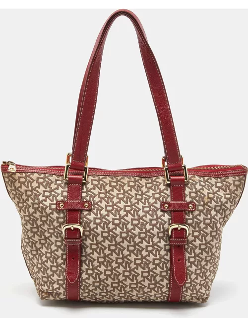 DKNY Beige/Red Signature Canvas and Leather Zip Tote