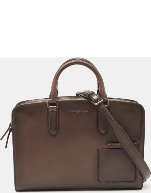 Ermenegildo Zegna Dark Brown Leather Zip Briefcase Bag