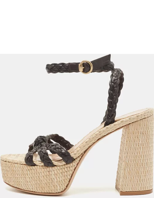 Gianvito Rossi Brown Woven Leather Ankle Strap Espadrille Platform Sandal