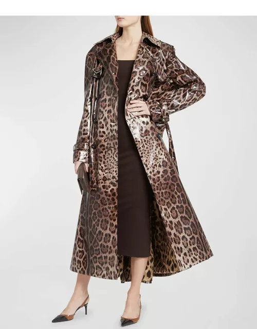 Leopard-Print Belted Shiny Long Trench Coat