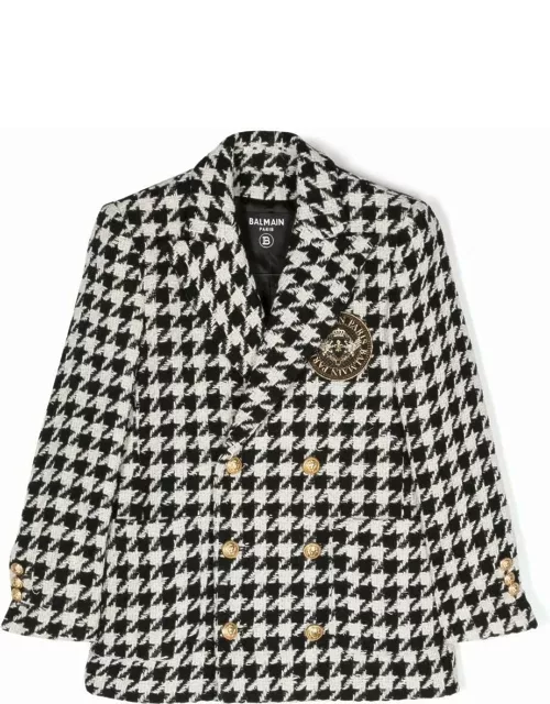 Balmain Houndstooth Double-breasted Coat With Logo Patch