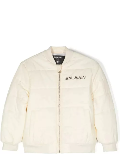 Cream Bomber Jacket With Balmain Lettering