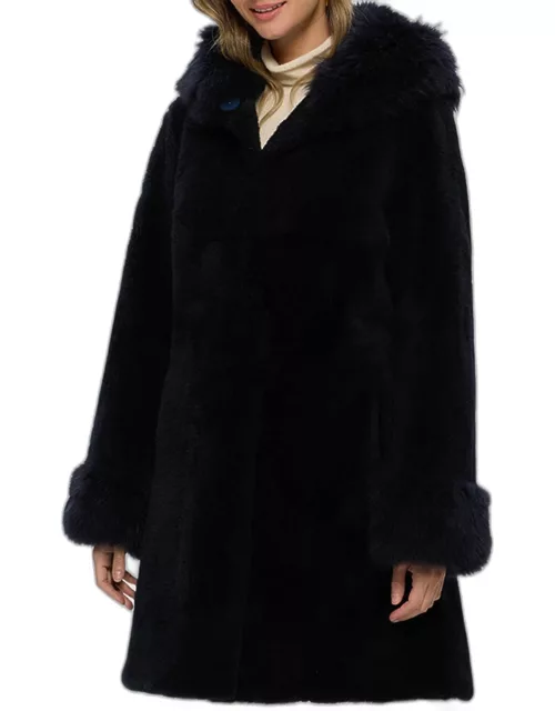 Sheared Cashmere Goat Fur Parka Jacket With Cashmere Goat Fur Hood Trim And Cuff
