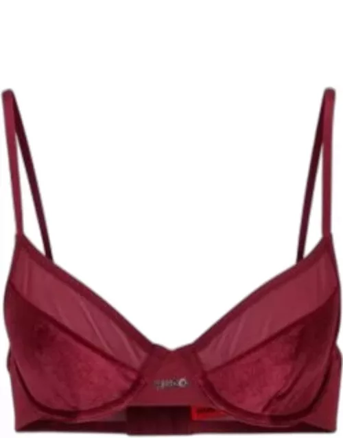 Mixed-material underwired bra with foil logo- Dark Red Women's Underwear, Pajamas, and Sock
