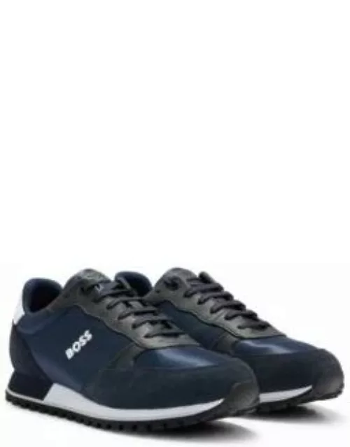 Mixed-material lace-up trainers with raised logo- Dark Blue Men's Sneaker