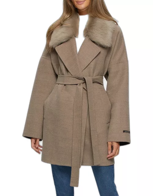 Wool-Cashmere Belted Jacket With Detachable Toscana Shearling Lamb Collar Tri