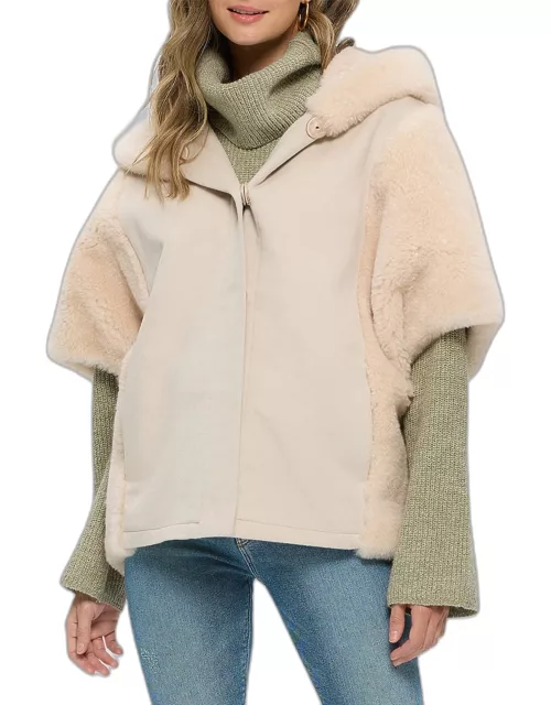 Sheared Cashmere Goat Fur-Paneled Hooded Short-Sleeve Cashmere Jacket