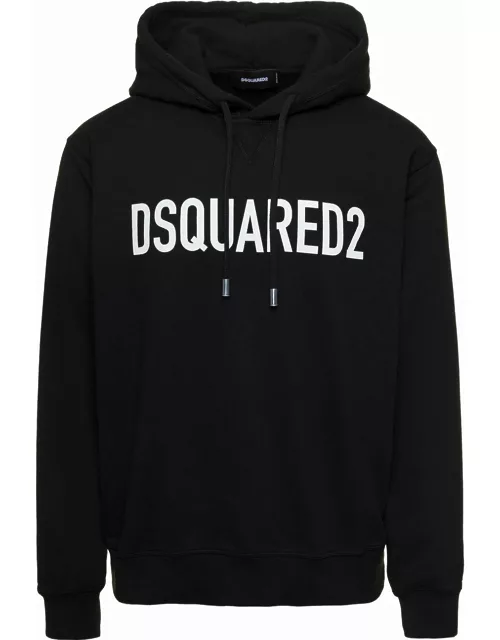 Dsquared2 Black Hoodie With Contrasting Logo Print In Cotton Man