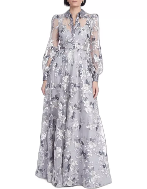 Floral-Embroidered Sequin Shirt Gown