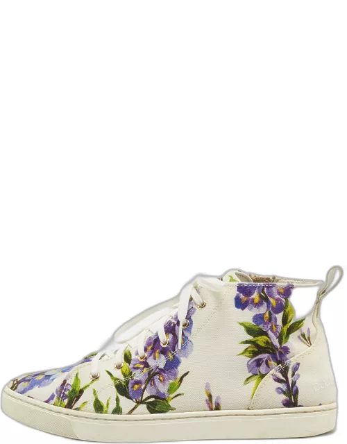 Dolce & Gabbana White Floral Print Canvas High Top Sneaker