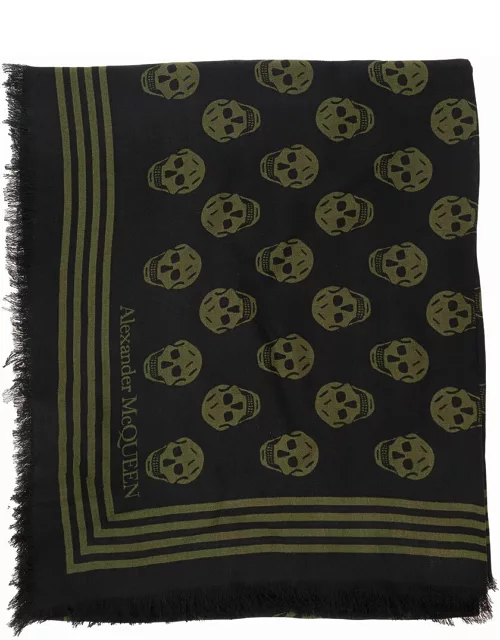 Alexander McQueen Black And Military Green Scarf With Skull And Logo Print In Modal Man
