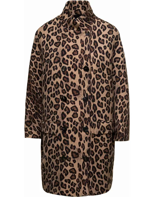 Alberto Biani Beige And Brown High-neck Cape With All-over Animalier Print In Wool Woman