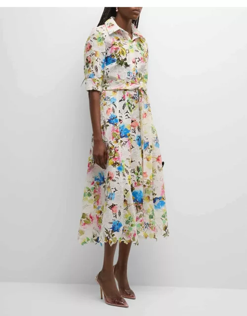 Floral-Print Lace Belted Midi Shirtdres