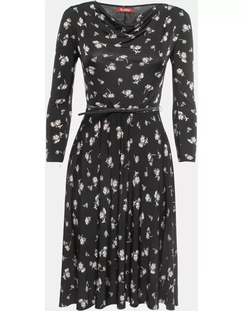 Max Mara Black Floral Print Jersey Cowl Neck Belted Flared Short Dress