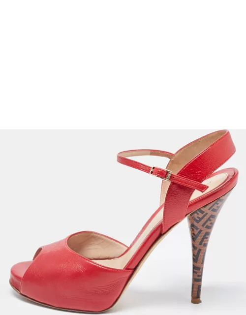Fendi Red Leather Open Toe Ankle Strap Sandal