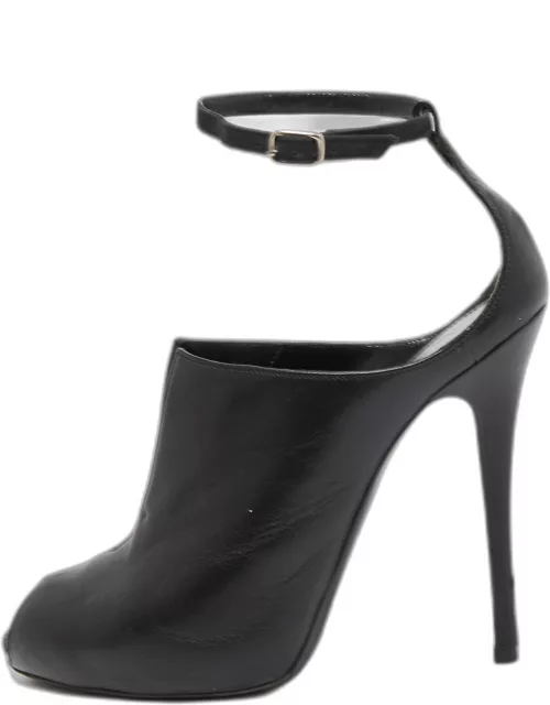Alexander McQueen Black Leather Cutout Ankle Strap Boot