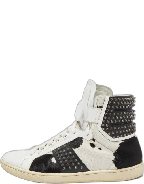 Saint Laurent Black/White Leather and Calf Hair Studded High Top Sneaker