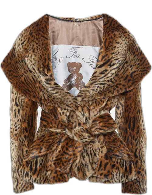 Moschino Brown Leopard Printed Faux Fur Belted Jacket