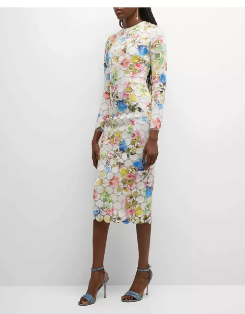 Floral-Print Circle Lace Long-Sleeve Midi Dres
