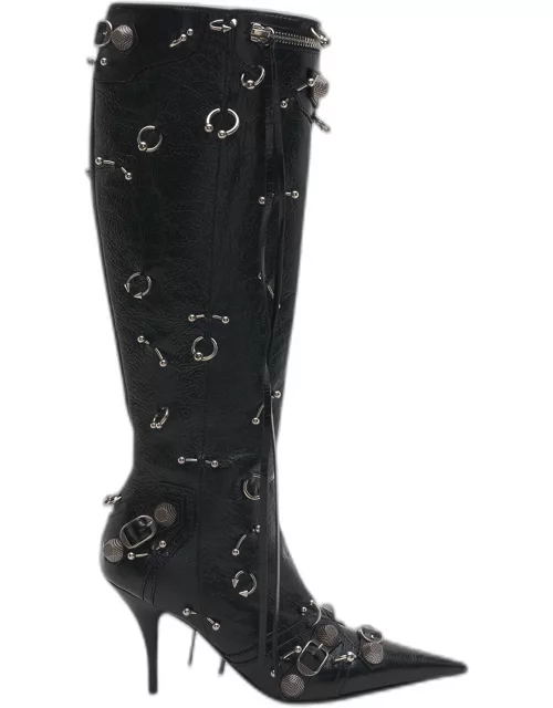 Cagole Leather Embellished Zip Knee Boot
