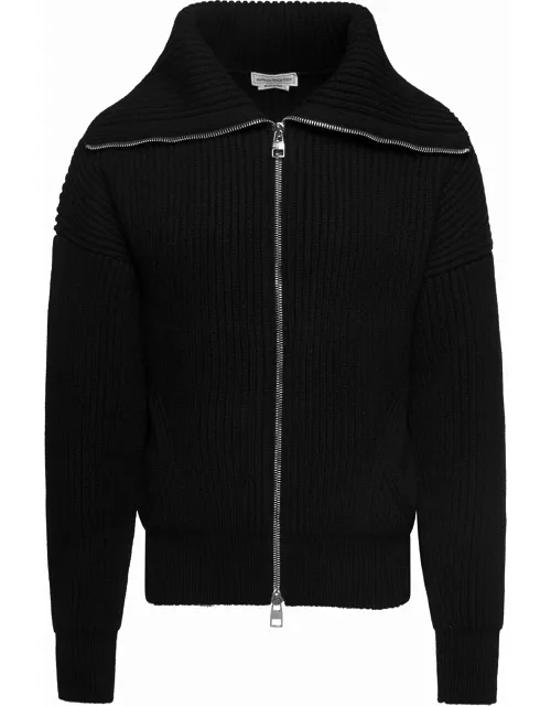 Alexander McQueen Black Ribbed Sweater With Funnel Neck In Wool And Cashmere Man