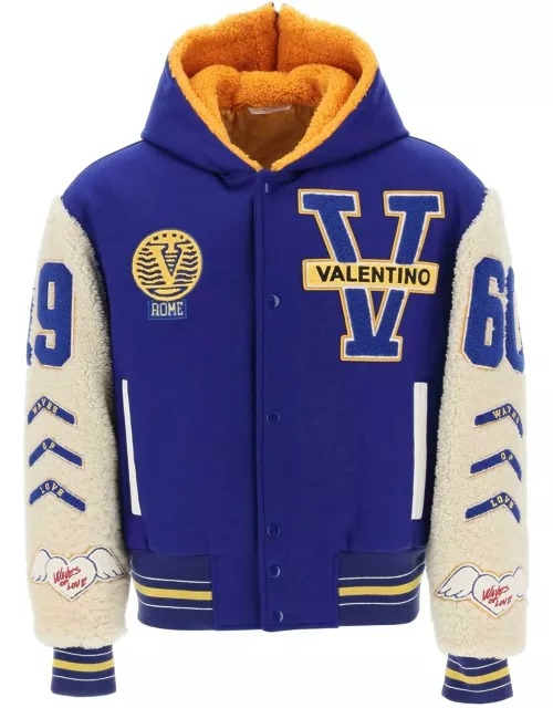 VALENTINO GARAVANI varsity bomber jacket with shearling sleeve