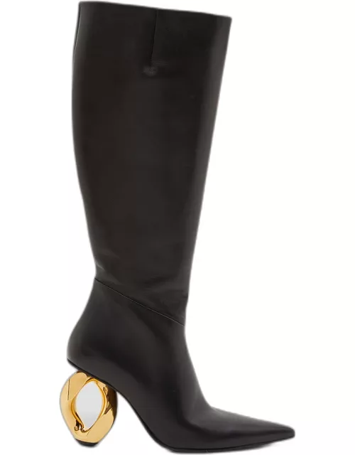 Leather Chain-Heel Knee Boot