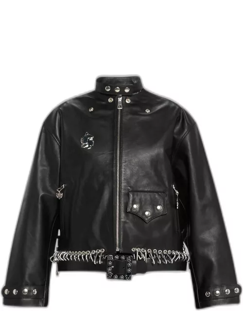 Leather Belted Jacket with Logo Charm