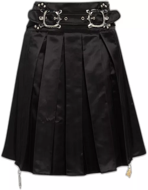 Camber Pleated Satin Belted Skirt with Logo Charm