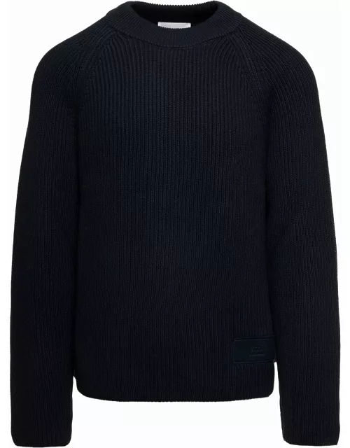 Ami Alexandre Mattiussi Dark Blue Crewneck Ribbed Sweater With Tonal Logo Patch In Wool And Cotton Man