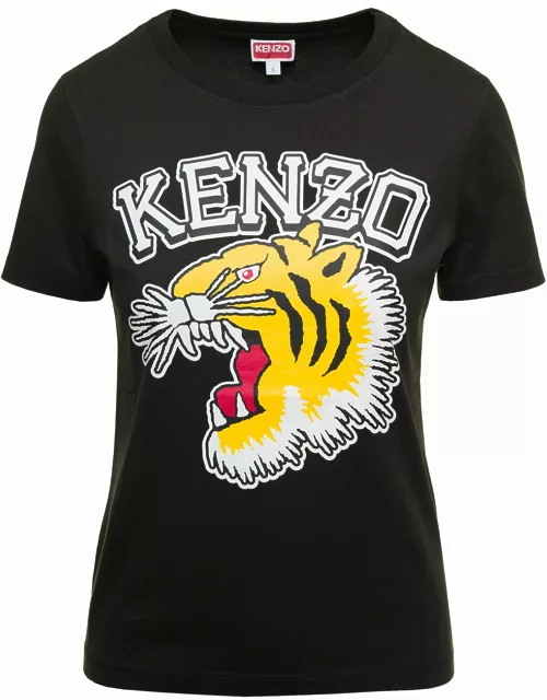 Kenzo Black T-shirt With Tiger Logo Print In Cotton Woman