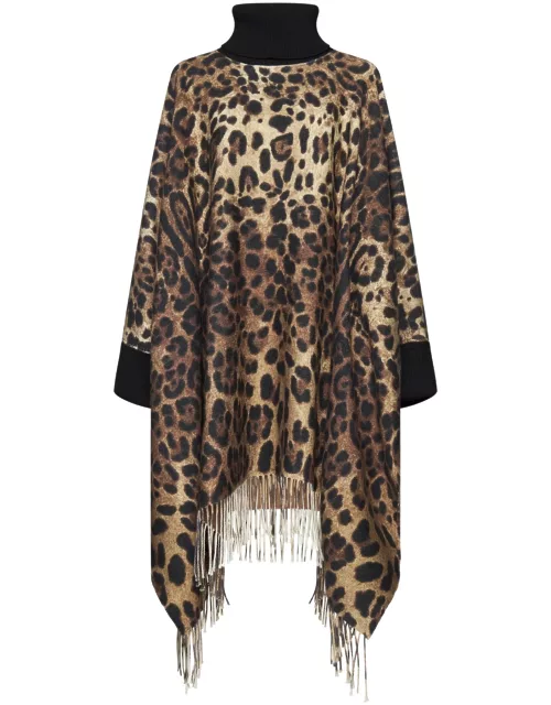 Dolce & Gabbana Leopard Printed Fringed Poncho