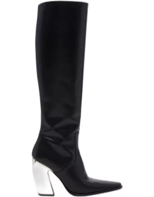 Tex Leather Chrome-Heel Knee Boot