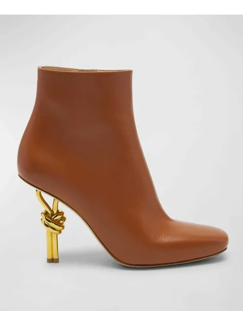 Leather Knot-Heel Ankle Bootie