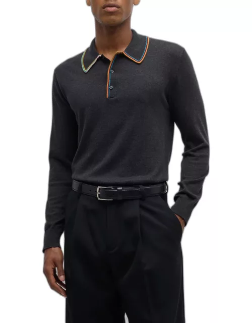 Men's Stripe Trim Long-Sleeve Polo Shirt