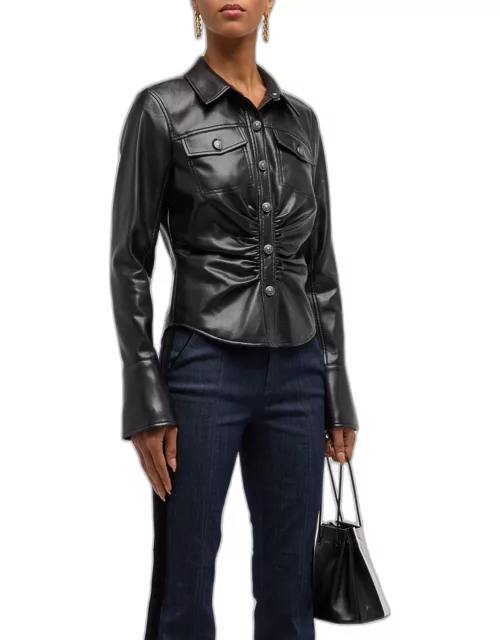 Alizee Gathered Vegan Leather Button-Front Top