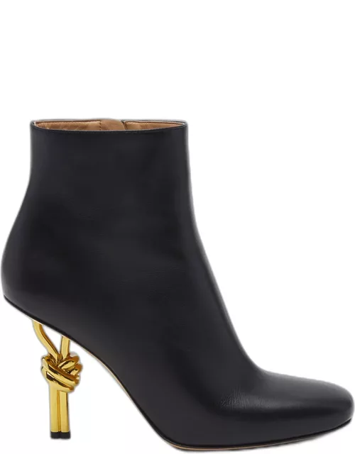 Leather Knot-Heel Ankle Bootie