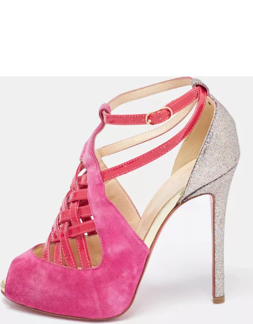 Christian Louboutin Pink/Metallic Bronze Suede and Leather Ankle Strap Sandal