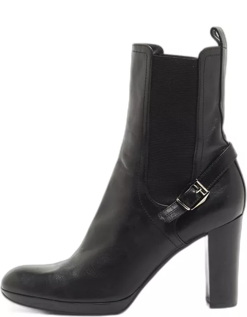 Sergio Rossi Black Leather Buckle Ankle Length Block Heel Boot