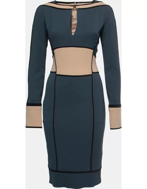 Elie Saab Blue/Beige Colorblock Long Sleeve Midi Dress